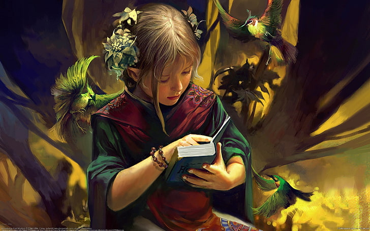 livre de lecture féminine peinture, fille, elfe, livre, oiseau, fantaisie, Fond d'écran HD