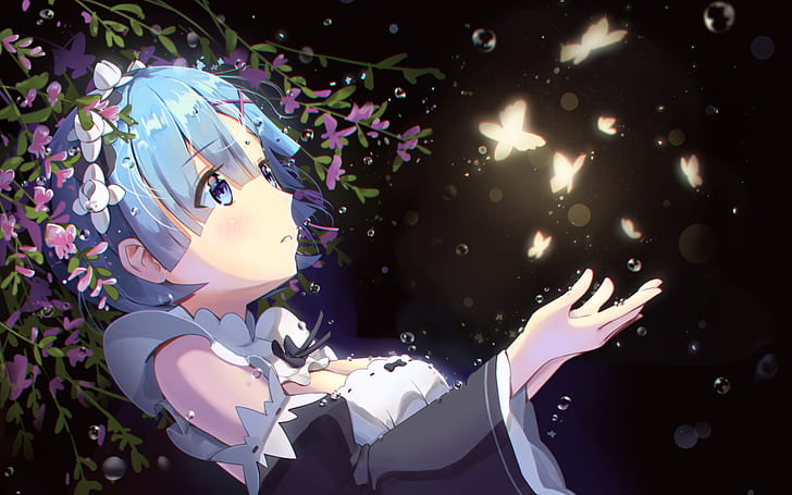 re: zero, rem, butterflies, flowers, falling, down, water drops, Anime, HD wallpaper
