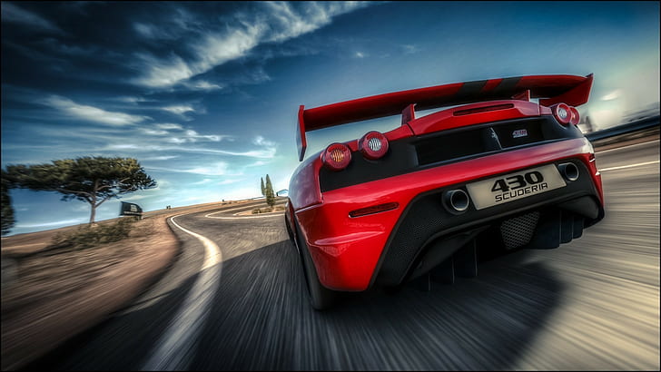 кола, път, размазване в движение, червени автомобили, Ferrari, Ferrari F430 Scuderia, суперавтомобили, HD тапет