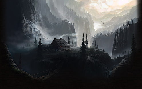 casa negra rodeada de árboles y montañas pintura, naturaleza, cabaña, montañas, niebla, arte de fantasía, bosque, Fondo de pantalla HD HD wallpaper