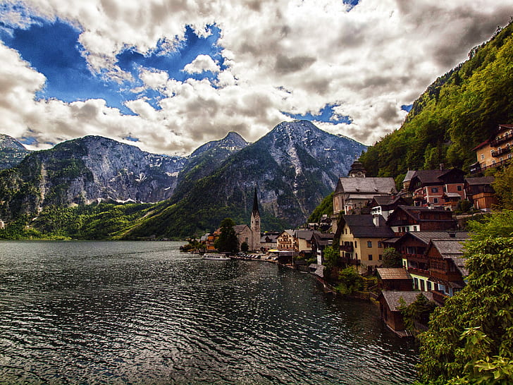 village near mountain and body of water, hallstatt, austria, hallstatt, austria, Hallstatt, Austria, village, body of water, Hallstatt  Austria, Salzkammergut, Lake, HDR, Landscape, Mountain, Olympus  E-620, Zuiko, Photoshop, european Alps, europe, nature, switzerland, summer, outdoors, scenics, hallstatter See, water, travel, HD wallpaper