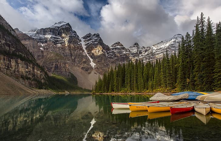 clouds, trees, mountains, lake, reflection, boats, pier, Canada, Albert, Jasper, forest, Canoeing, National Park, Maligne Lake, Malin, HD wallpaper