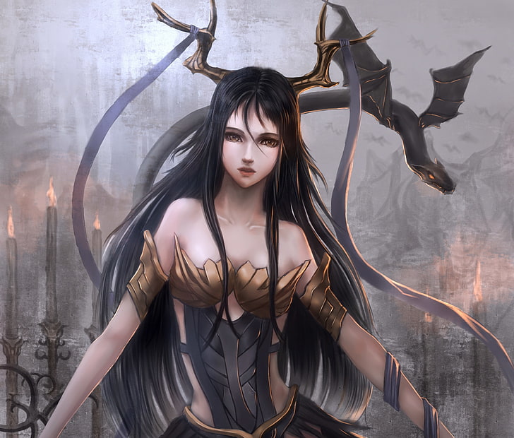 black haired dragon woman character illustration, girl, tape, dragon, wings, anime, art, horns, sunday-zjy, HD wallpaper