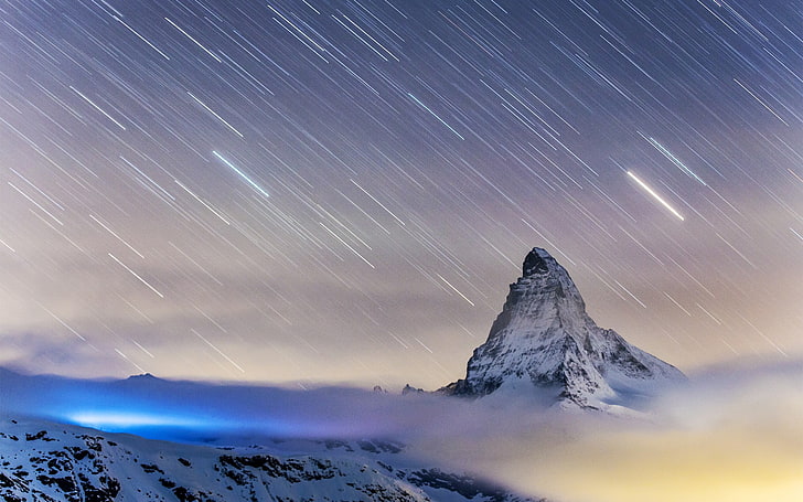 video game screenshot, landscape, rock, star trails, mountains, clouds, snow, Matterhorn, Switzerland, long exposure, HD wallpaper
