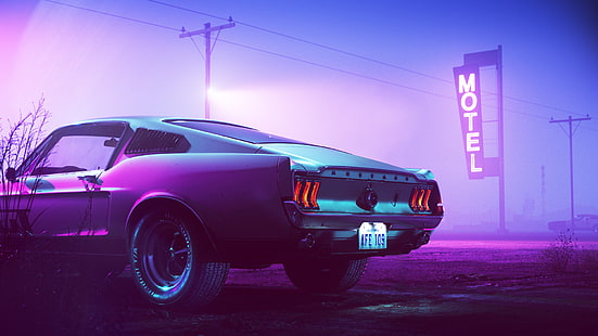 fioletowe coupe, 1965 Ford Mustang, fotografia, motel, mgła, Tapety HD HD wallpaper