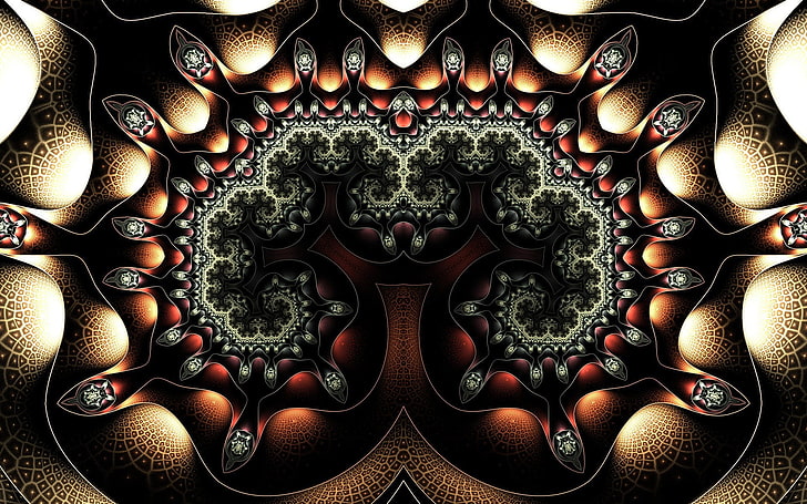черно-коричневый цветочный текстиль, абстракция, фрактал, симметрия, HD обои