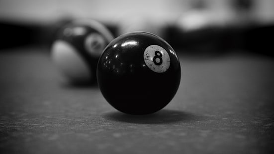 bola de billar negra 8, billar, 8 bolas, monocromo, bolas de billar, Fondo de pantalla HD HD wallpaper