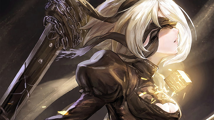 white haired female character illustration, Nier: Automata, 2B (Nier: Automata), girls with swords, NieR, HD wallpaper