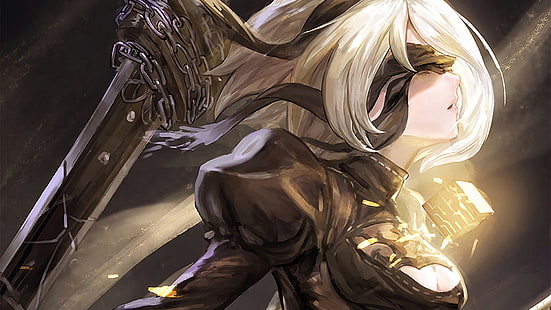 illustration de personnage féminin aux cheveux blancs, Nier: Automata, 2B (Nier: Automata), filles avec des épées, NieR, Fond d'écran HD HD wallpaper