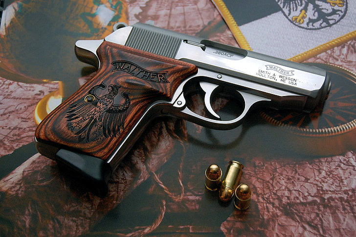 pistola semiautomática negra y marrón, pistola, armas, Walther, autocargante, PPK / S, Fondo de pantalla HD