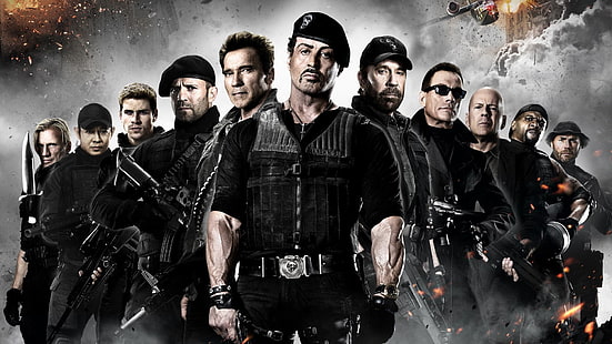películas Sylvester Stallone Bruce Willis Arnold Schwarzenegger Jason Statham los mercenarios 2, Fondo de pantalla HD HD wallpaper