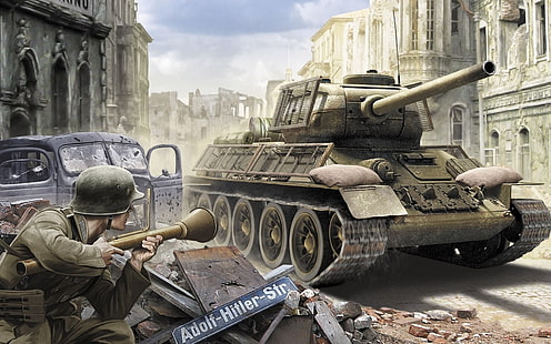 tank ambush painting, tank, T-34, Adolf Hitler, World War II, war, artwork, military, ruin, soldier, HD wallpaper HD wallpaper