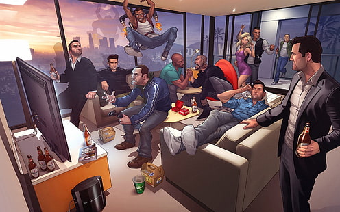 men partying illustration, untitled, Grand Theft Auto, Grand Theft Auto V, video games, digital art, PlayStation 3, jetpack, couch, TV, Grand Theft Auto III, Grand Theft Auto IV, Grand Theft Auto Vice City, Grand Theft Auto San Andreas, HD wallpaper HD wallpaper
