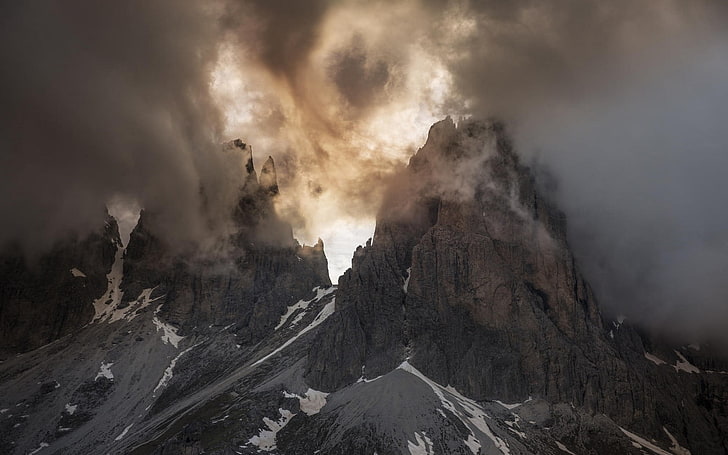 ilustrasi gunung coklat, alam, lanskap, pegunungan, awan, musim semi, Dolomites (pegunungan), Italia, sinar matahari, puncak, Wallpaper HD