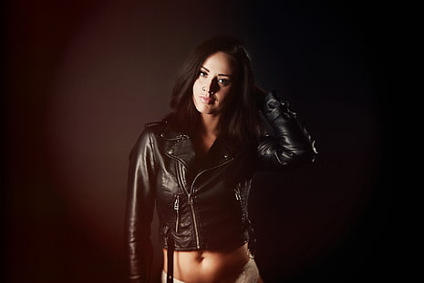 women's black zip-up leather jacket, look, girl, background, brunette, leather jacket, HD wallpaper HD wallpaper