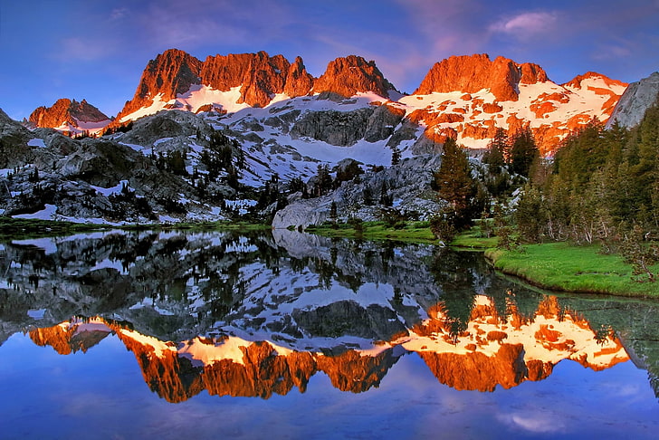brown and white glacier mountain, mountains, lake, reflection, CA, California, Minarets, Ediza Lake, Ansel Adams Wilderness, HD wallpaper