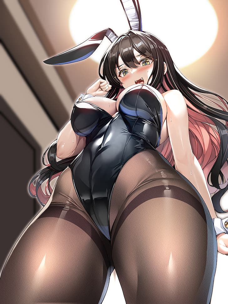 Kantai Collection, thighs, portrait display, bunny girl, Naganami (KanColle), bunny suit, big boobs, looking at viewer, no bra, women indoors, Torisan, black leotard, bunny ears, black pantyhose, leotard, open mouth, low-angle, yellow eyes, long hair, HD wallpaper