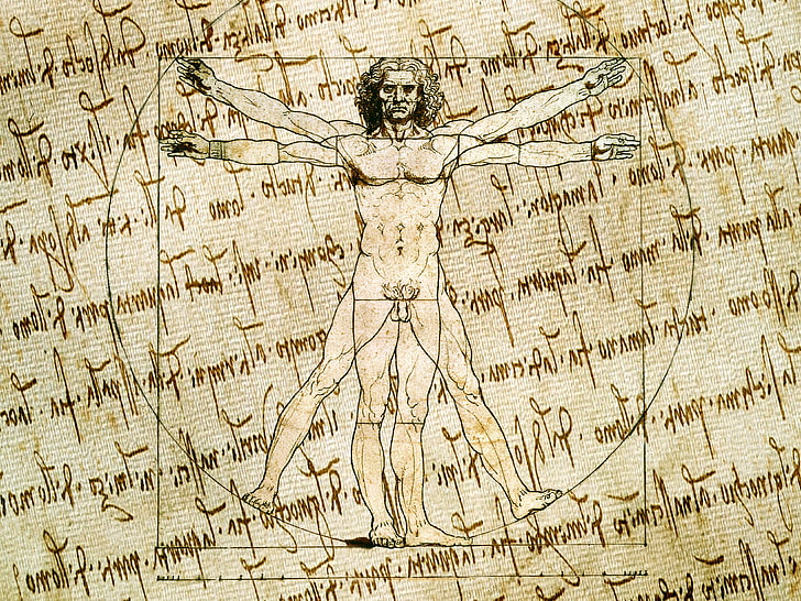 Vitruvius Adamı, stil, arka plan, şekil, vektör, karakterler, kroki, sanatçı, doku, tuval, el yazması, Vitruvius Adamı, Leonardo da Vinci, HD masaüstü duvar kağıdı