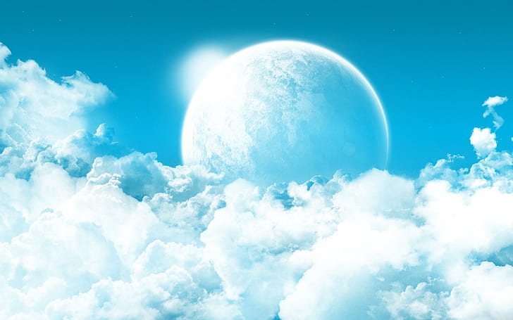 Cielo azul brillante, planeta, azul, nubes, 3d y abstracto, Fondo de pantalla HD