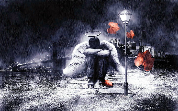 Sad Angel In The Rain, men's white wings photo, angel, maple, autumn, rain,  HD wallpaper | Wallpaperbetter