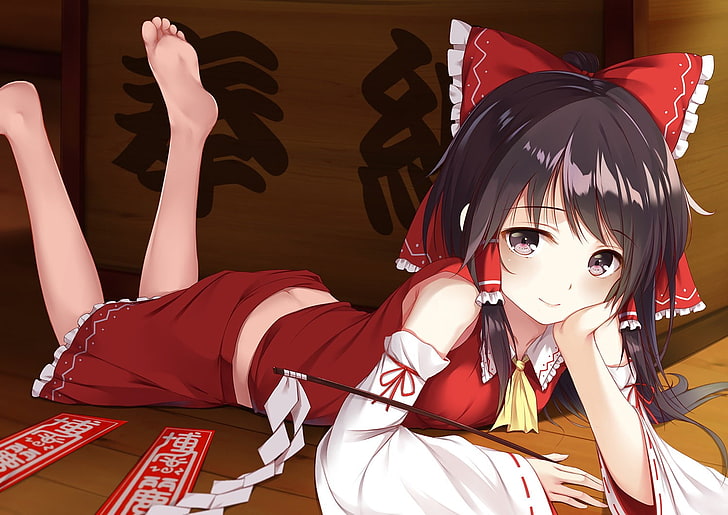 personagem de anime feminino, Natal, Hakurei Reimu, roupas japonesas, Touhou, com os pés descalços, morena, cocar, decote, HD papel de parede