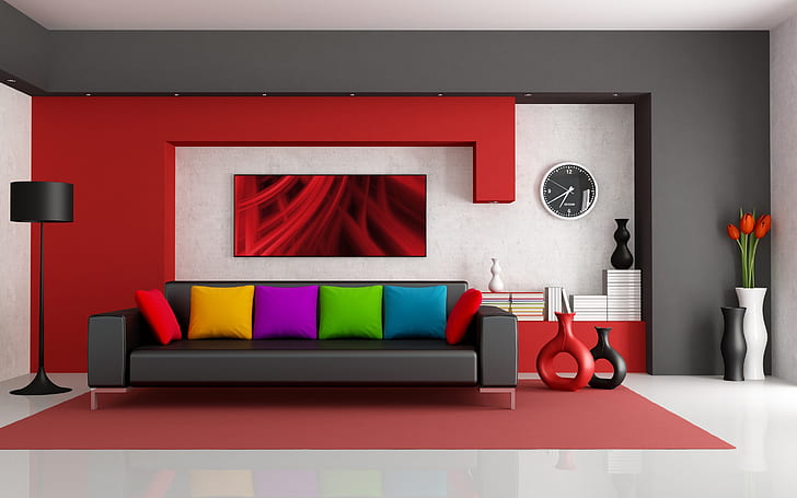 リビングルームの家具のアイデア、グレーの革のソファ、部屋、ソファ、赤いリビング、リビングのアイデア、リビングデザイン、 HDデスクトップの壁紙