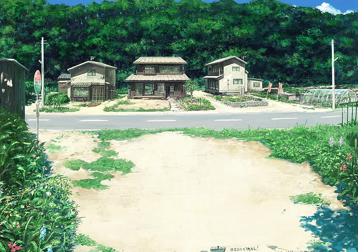 茶色の家、自然、村、アニメ、道路、アートワーク、日本、 HDデスクトップの壁紙