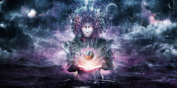 психоделический, абстрактный, боги, книги, космос, море, Кэмерон Грей, духовный, триповый, HD обои HD wallpaper