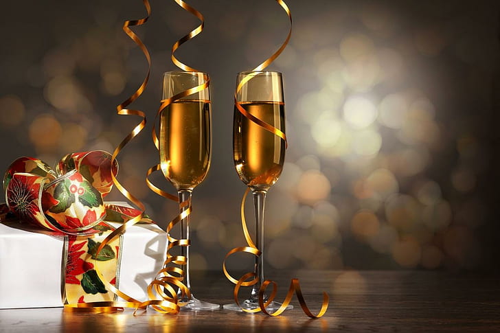 Ruban Champagne Stemware Happy New Year, bonne année, champagne, verres à pied, ruban, vacances de Noël, Fond d'écran HD