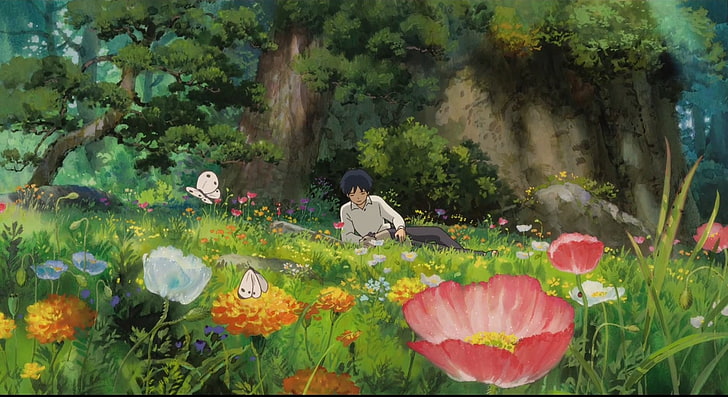 anime, arrietty, artwork, boys, butterflies, flowers, garden, karigurashi, secret, world, HD wallpaper