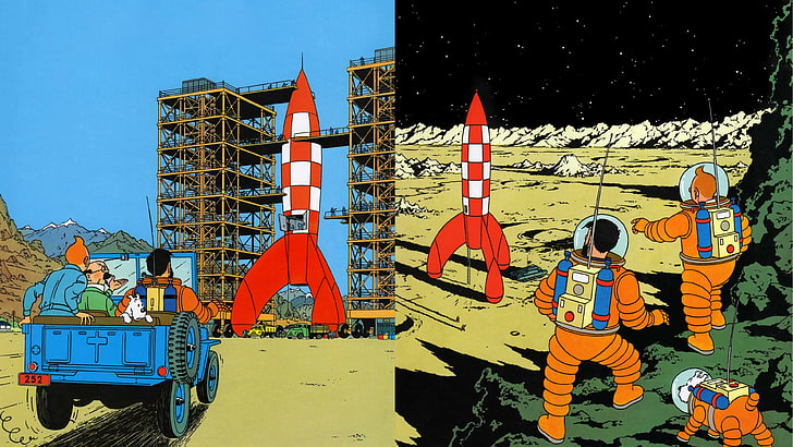 Tintin, drawing, rocket, book cover, HD wallpaper