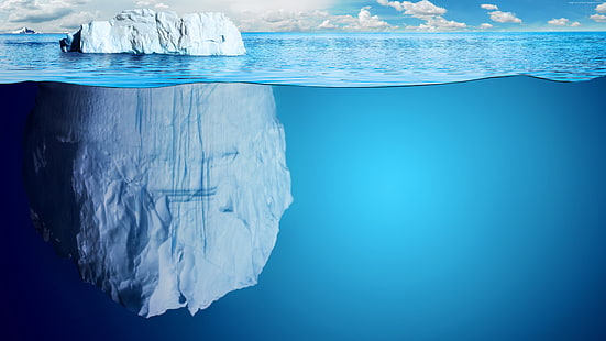 iceberg, geleiras, paisagem, neve, gotas de água, água, natureza, iceberg, subaquática, gelo, mar, vista dividida, ciano, HD papel de parede HD wallpaper