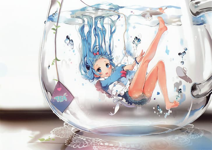 anime, gadis anime, rambut panjang, rambut biru, bawah air, teh, mata biru, gelembung, sandal jepit, Wallpaper HD