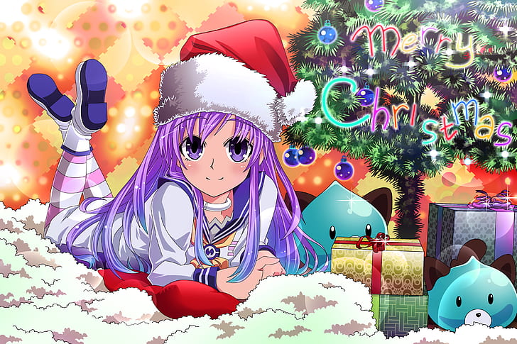 Hyperdimension Neptunia, Nepgear (Hyperdimension Neptunia), Natal, garotas anime, chapéus de Papai Noel, pernas para cima, olhos roxos, anime, cabelos roxos, HD papel de parede