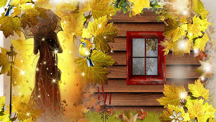 Старая мода осень, огни, винтаж, викторианец, осень, листья, деревья, золото, окно, свечение, леди, деревенская, осень, природа и л, HD обои