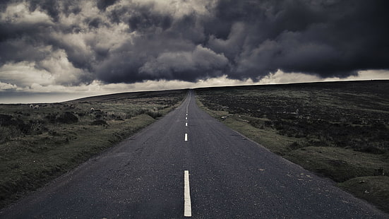 carretera, paisaje, naturaleza, nubes, gris, nublado, asfalto, colinas, campo, Fondo de pantalla HD HD wallpaper
