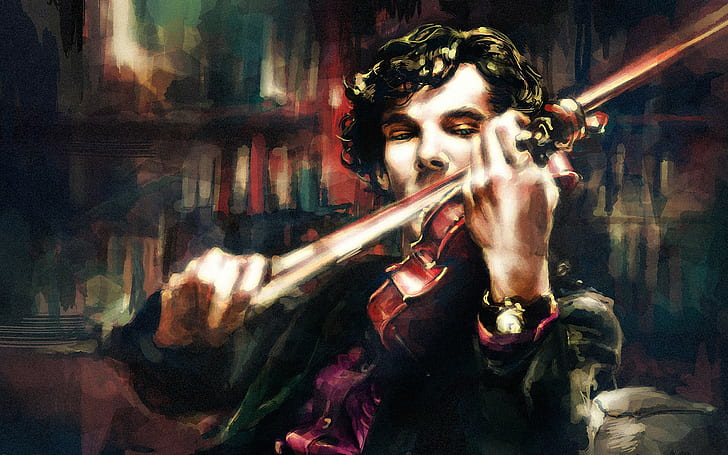 скрипка, Шерлок, Бенедикт Камбербэтч, Шерлок Холмс, произведение искусства, alicexz, HD обои