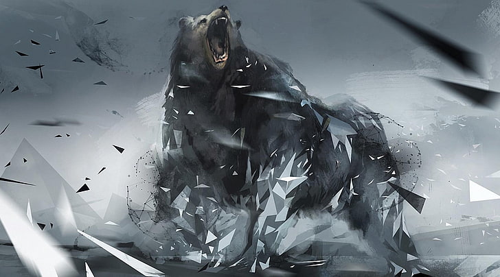 Ilustración del oso negro, fondo, triángulos, oso, rabia, figura, Fondo de pantalla HD