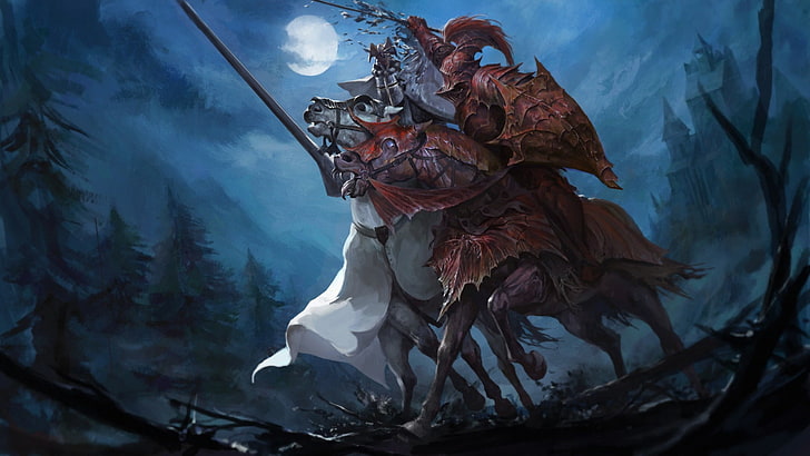 นักรบสองคนขี่ม้าต่อสู้ในป่าวอลล์เปเปอร์อัศวิน Total War: Warhammer, WFRP, ดวงจันทร์, ป่า, กลางคืน, ม้า, หอก, ดาบ, โล่, วอลล์เปเปอร์ HD