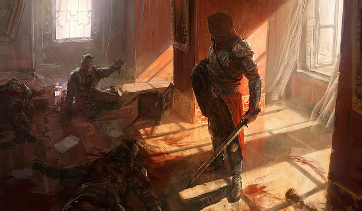 Papel de parede de Assassin's Creed, Andree Wallin, guerreiro, espada, arte da fantasia, medieval, sangue, escudo, arte conceitual, HD papel de parede