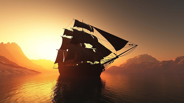 digital art, water, sea, ship, sailing ship, sunset, mountains, silhouette, HD wallpaper