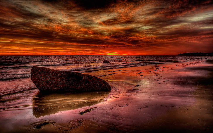 Red Sunset Sky Clouds Sandy Beach Sea Waves Rocks Wallpaper Hd Para desktop Celulares e laptop 3840 × 2400, HD papel de parede