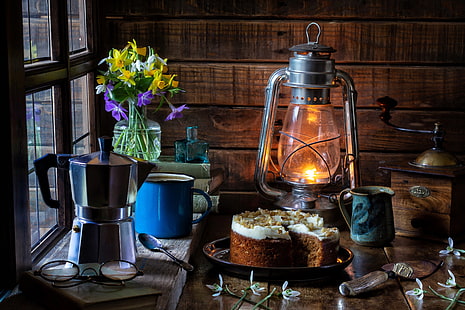  flowers, style, books, lamp, glasses, snowdrops, mug, lantern, cake, still life, a bunch, daffodils, coffee grinder, coffee pot, HD wallpaper HD wallpaper