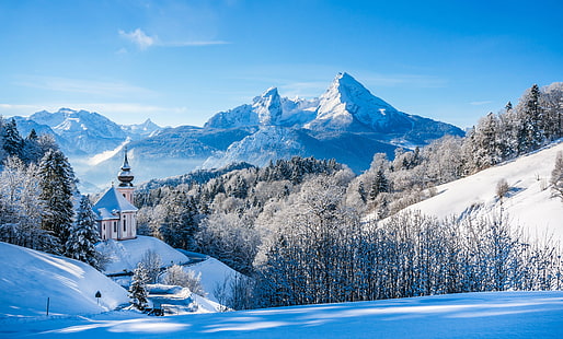 snow-covered mountains, Bavarian Alps, Winter landscape, Church, Germany, HD, 8K, HD wallpaper HD wallpaper
