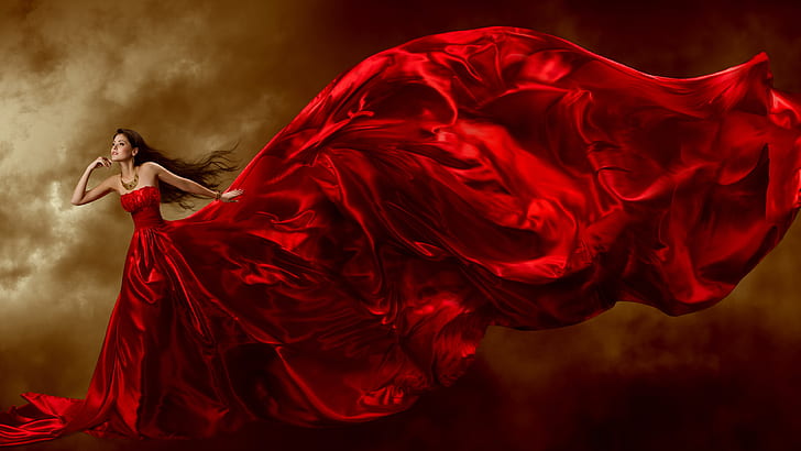 Güzel kırmızı elbise kız, takı, uzun saçlı, bukleler, sanat duruş ...