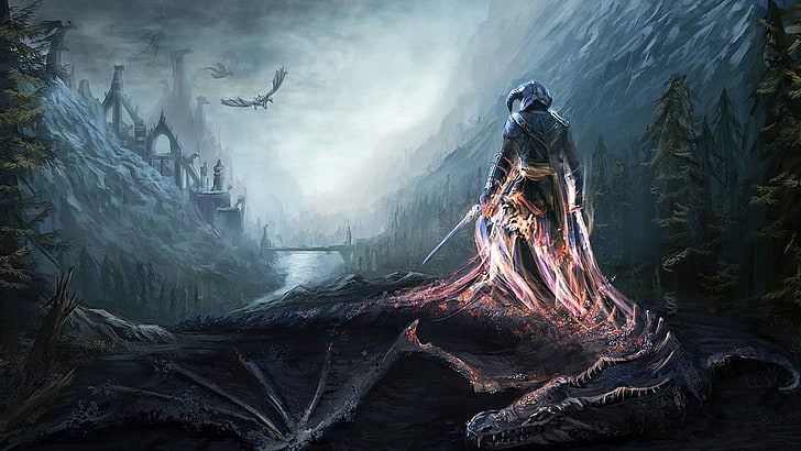 剣の壁紙、ドラゴン、The Elder Scrolls V：Skyrimを保持している黒と赤のコートを着た男、 HDデスクトップの壁紙