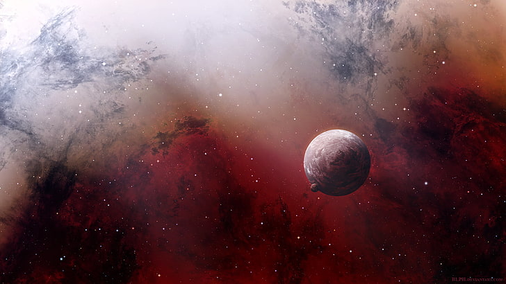 ilustração do planeta marrom com fundo vermelho e bege, espaço, arte espacial, trabalho artístico, estrelas, arte digital, planeta, nebulosa, luzes, HD papel de parede