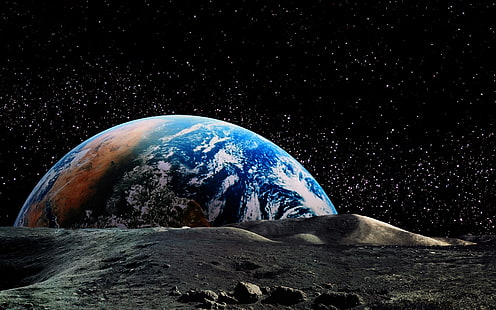 illustration de la terre, nature, paysage, planète, terre, espace, lune, horizon, étoiles, astronomie, univers, Fond d'écran HD HD wallpaper