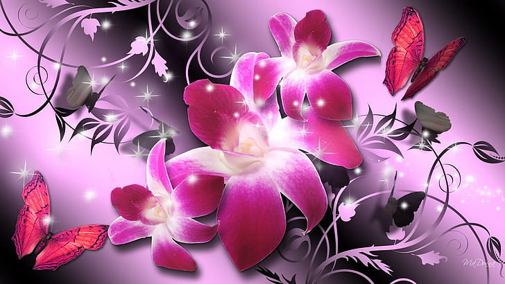 Luxo de orquídeas, persona do firefox, estrelas, brilho, brilhante, orquídea, borboletas, rosa, flores, 3d e abstrato, HD papel de parede