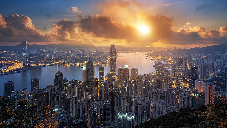 bangunan tinggi painitng, matahari terbenam, kota, hongkong, Wallpaper HD